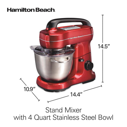 Hamilton Beach Electric Stand Mixer, 4 Quarts, Dough Hook, Flat Beater Attachments, Splash Guard, 7 Speeds with Whisk, Easy-Carry Top Handle, Red