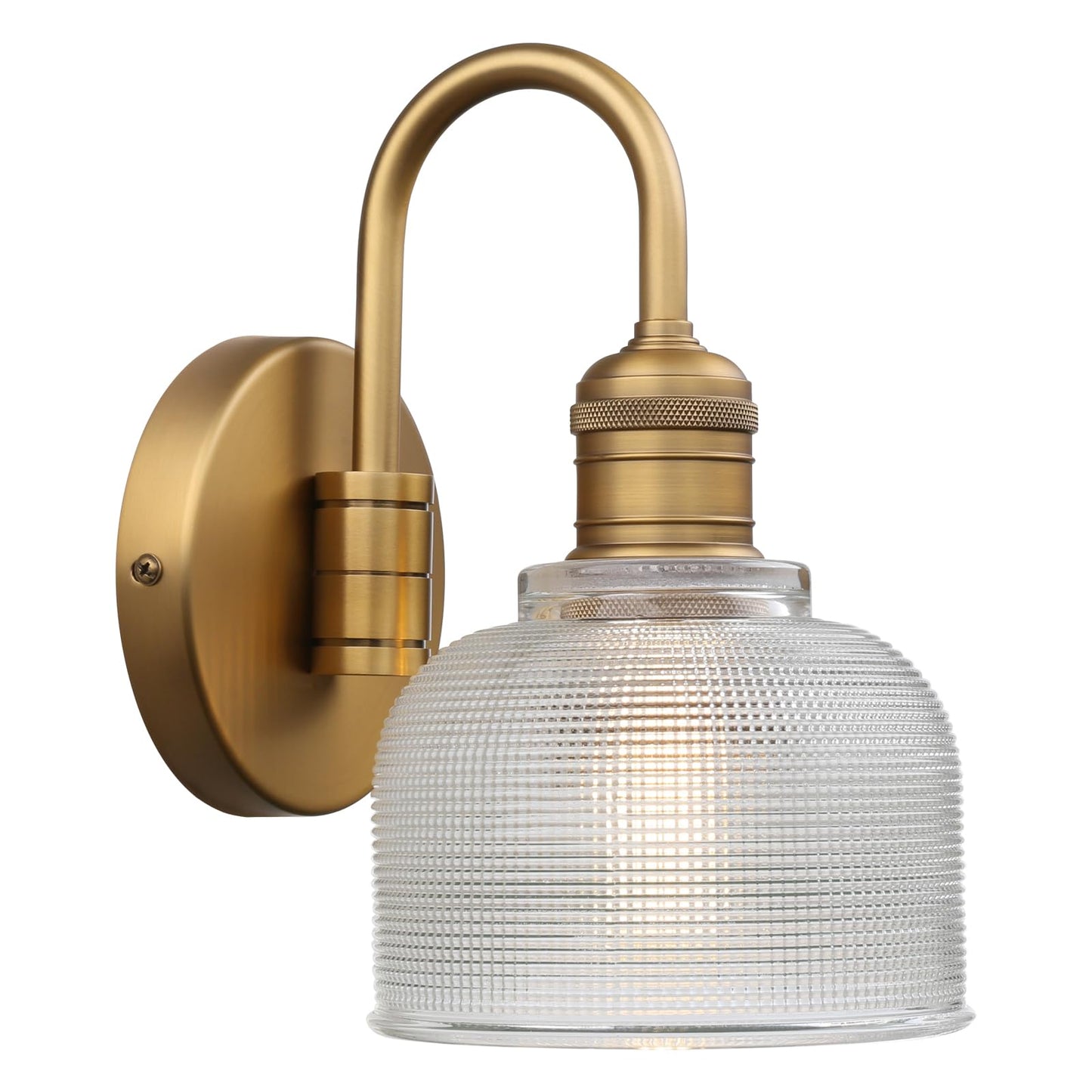 Yosoan Brass Gold Vintage Wall Sconce with Striped Shade, 1-Light Modern Vanity Light Industrial Single Wall Mounted Hardwired Bowl Texture Glass Shade for Living Room Bedroom Kitchen Hallway(Antique)