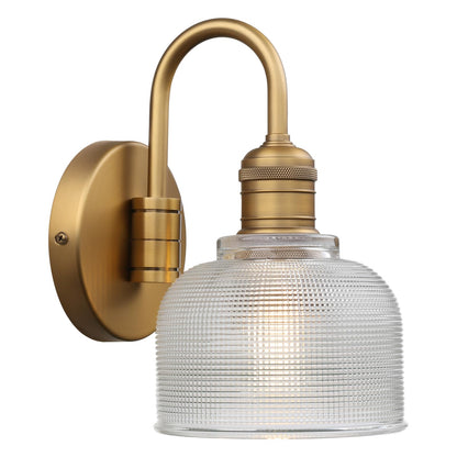 Yosoan Brass Gold Vintage Wall Sconce with Striped Shade, 1-Light Modern Vanity Light Industrial Single Wall Mounted Hardwired Bowl Texture Glass Shade for Living Room Bedroom Kitchen Hallway(Antique)