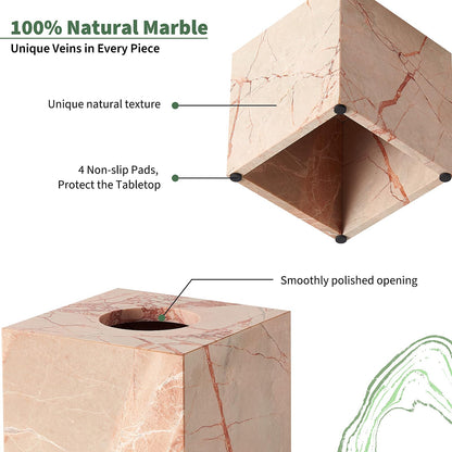Issue Box Cover Italy Natural Marble Heavy Duty Square Facial Toilet Paper Holder for Bathroom Living Room Bedroom Dresser Vanity Kitchen Minimalistic Office Home Decor (Pink)