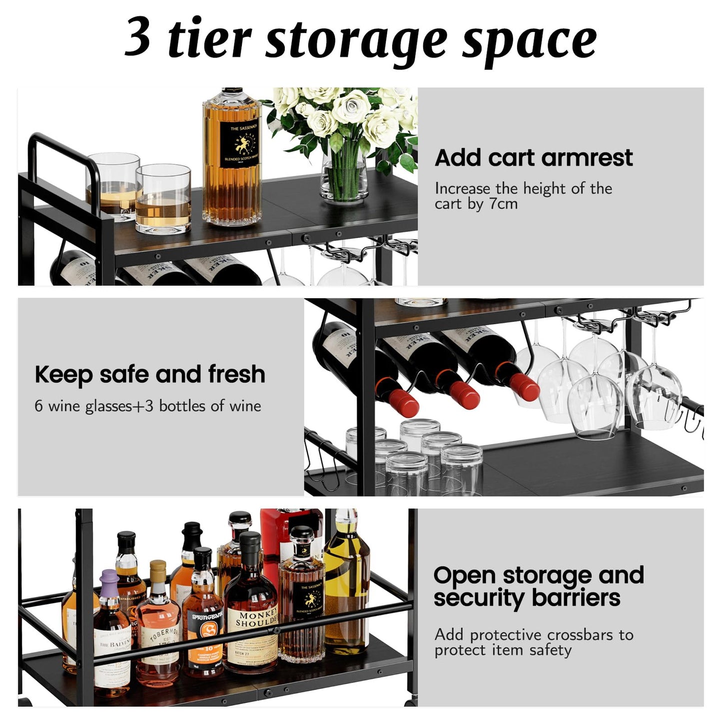 Home Bar Serving Cart, Serving Cart with Wheels and Handle, 3 Tier Rolling Kitchen Cart, Microwave Cart, Beverage Cart with Wine Holder and Glass Holders, for Dinning Room, Living Room, Black