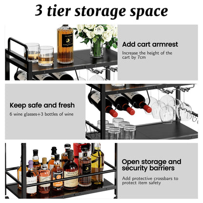 Home Bar Serving Cart, Serving Cart with Wheels and Handle, 3 Tier Rolling Kitchen Cart, Microwave Cart, Beverage Cart with Wine Holder and Glass Holders, for Dinning Room, Living Room, Black