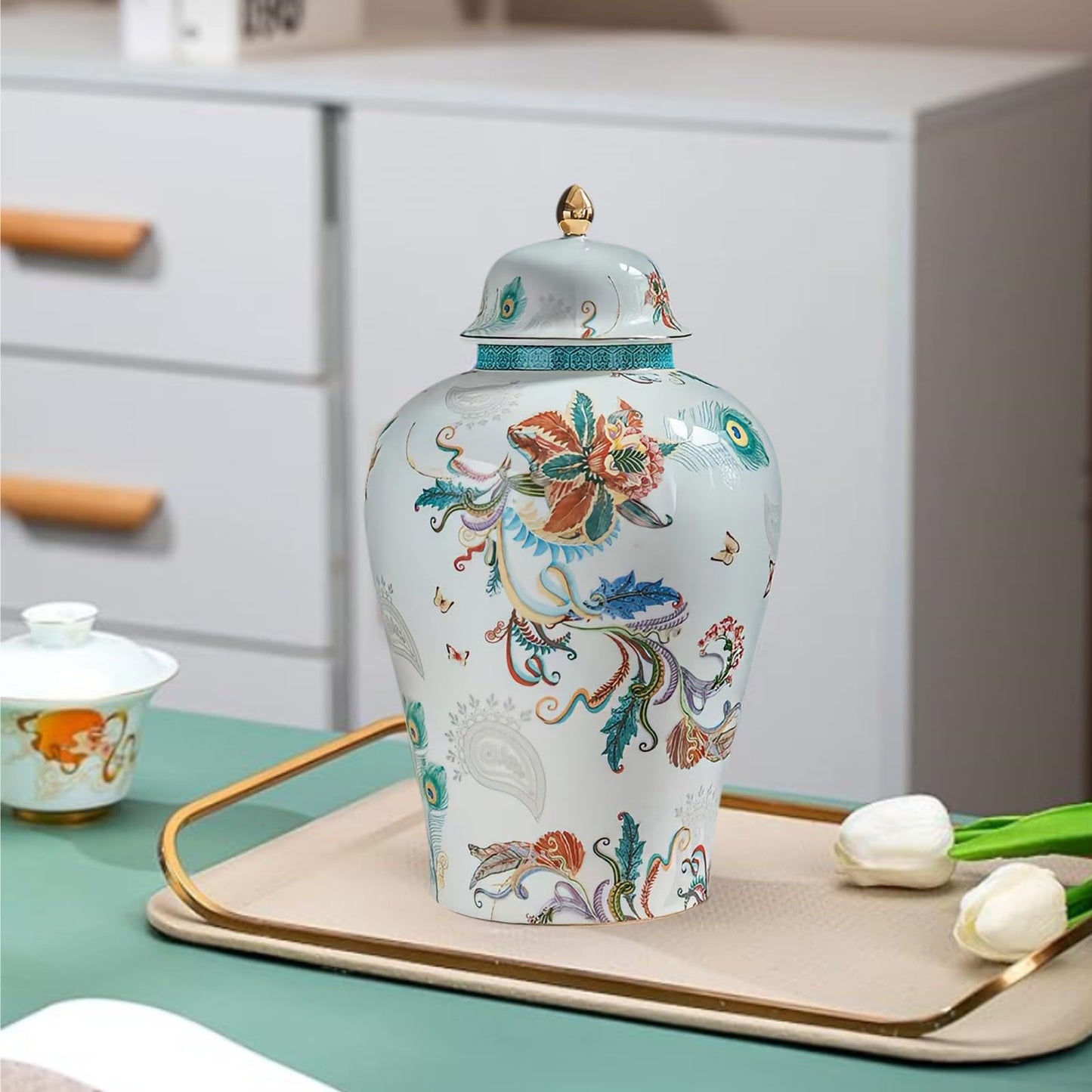 MYMYYT 12 inches flowers Ginger Jar - floral pattern Ceramic Decorative with Lid vase， chinoiserie gift Enamel jars for Home/Kitchen/Dining/living room/shelf decor/Tea Storage