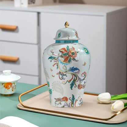MYMYYT 12 inches flowers Ginger Jar - floral pattern Ceramic Decorative with Lid vase， chinoiserie gift Enamel jars for Home/Kitchen/Dining/living room/shelf decor/Tea Storage