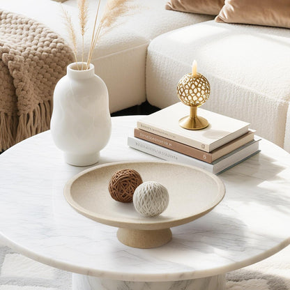 Plukers Large Modern Decorative Bowl for Home Decor Fruit Organic Catch All Key Kitchen Entryway Shelf Coffee Table With Pedestal,Artificial Stone Beige