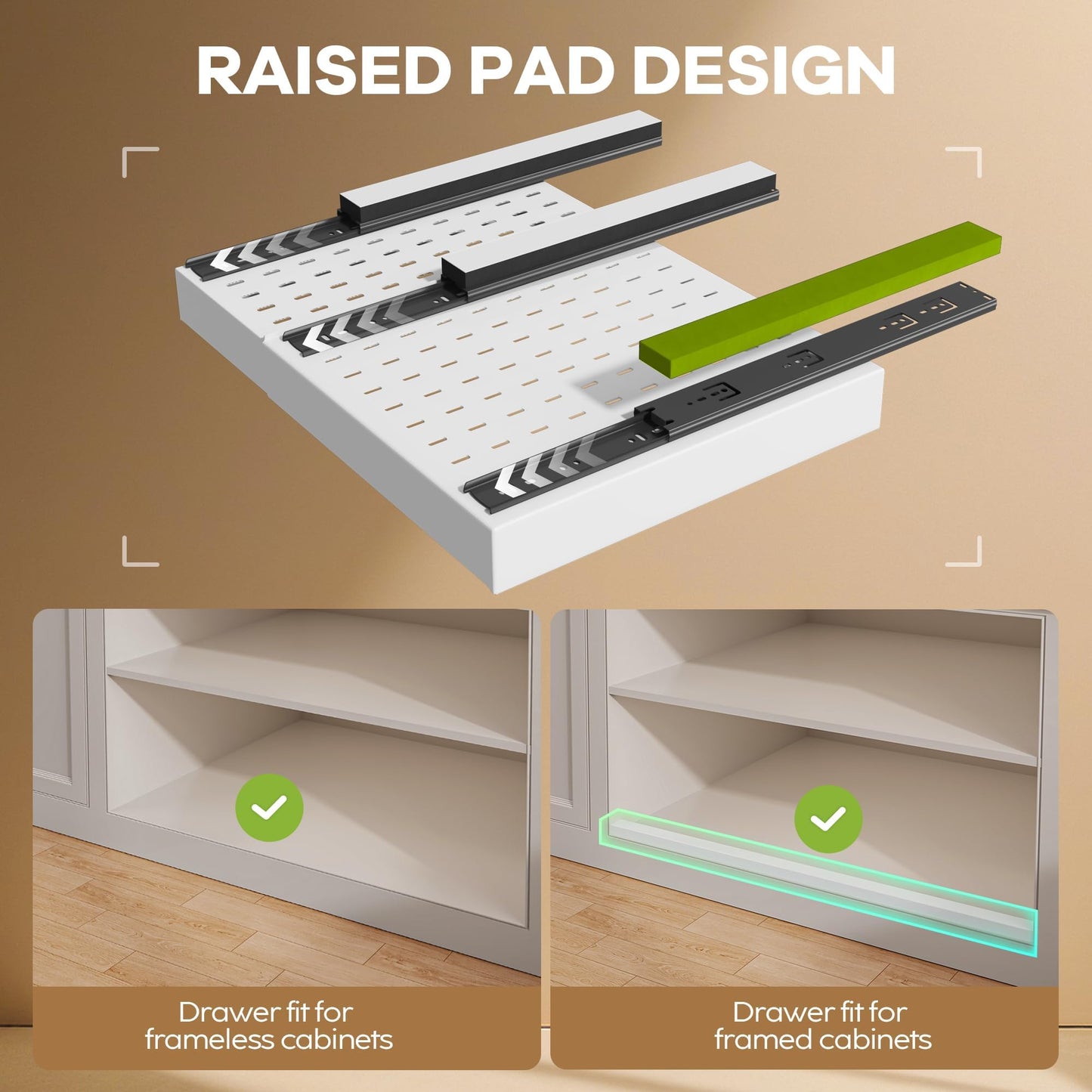 Seinloes 2 Pack Pull out Cabinet Organizer 21"Deep With Raising Pad for Framed Cabinets, Expandable Slide out Drawers for Kitchen Cabinets with 4pcs Divider Racks, Roll out Shelves 12.1"-20.4" W White