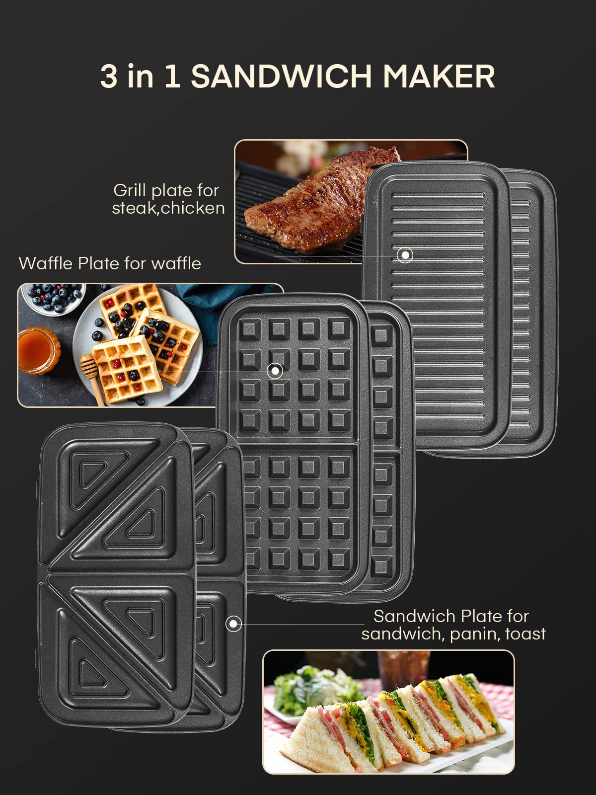 FOHERE Sandwich Maker 3 In 1 Waffle Maker With Removable Plates,1200W Grilled Cheese Maker, 5-gear Temperature Control, Non-stick Coating Easy to Clean, Indicator Lights, Silver/Black