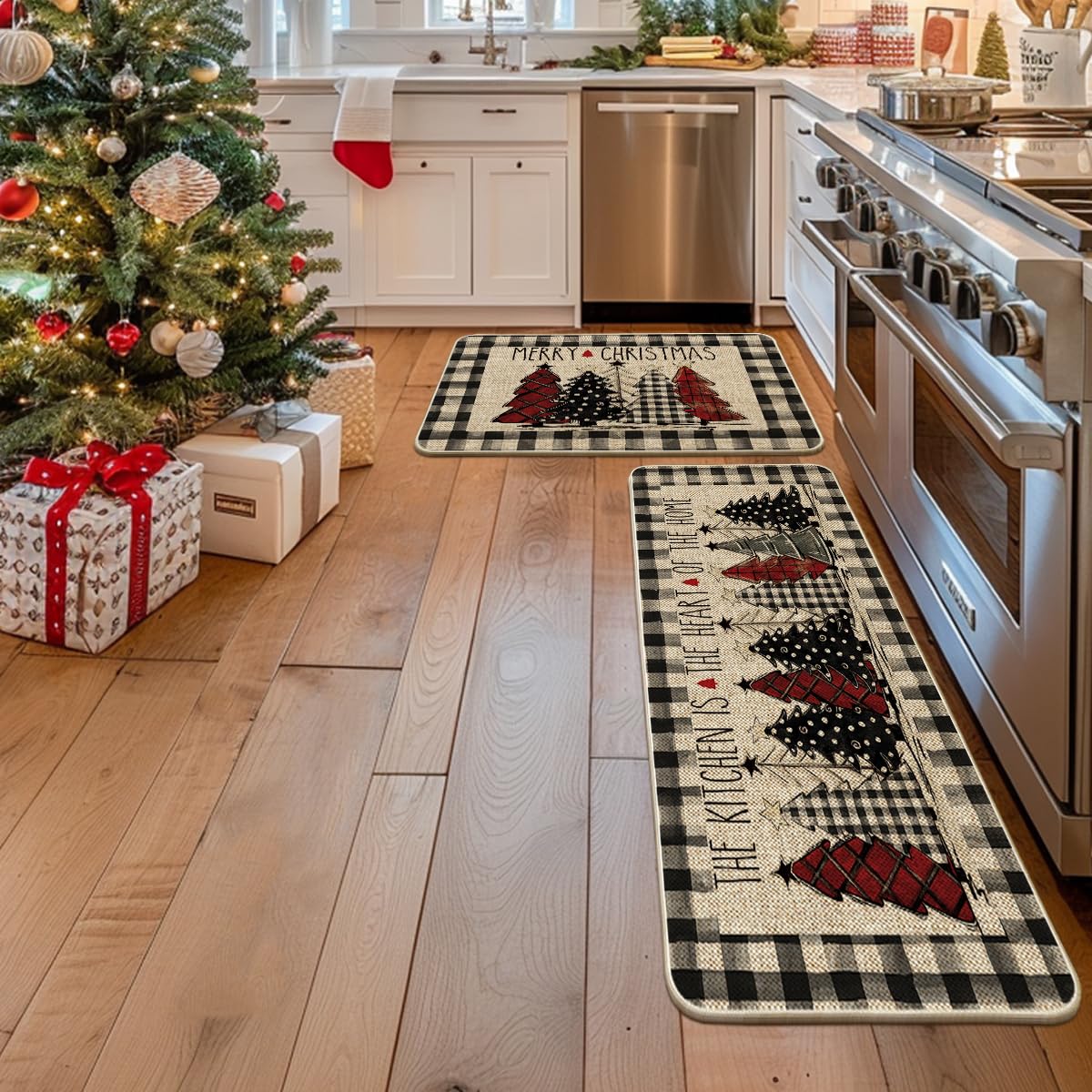 Artoid Mode Buffalo Plaid Xmas Tree Merry Christmas Kitchen Mats Set of 2, Winter Home Decor Low-Profile Kitchen Rugs for Floor - 24x35 and 24x59 Inch