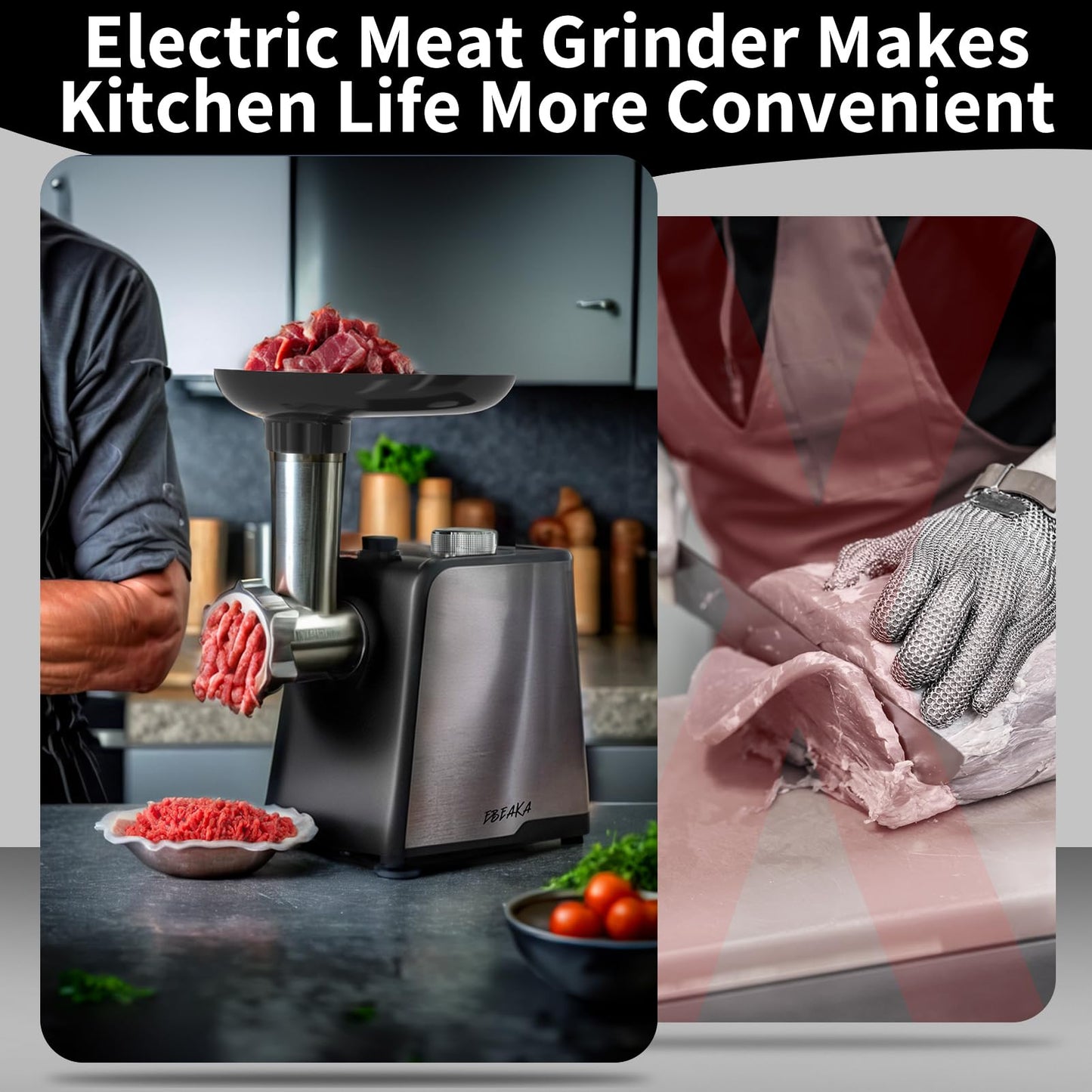EBEAKA Electric Meat Grinder & Sausage Stuffer - Heavy Duty Mincer with 3 Plates, Kubbe Kit & Stainless Steel Blades for Home Kitchen