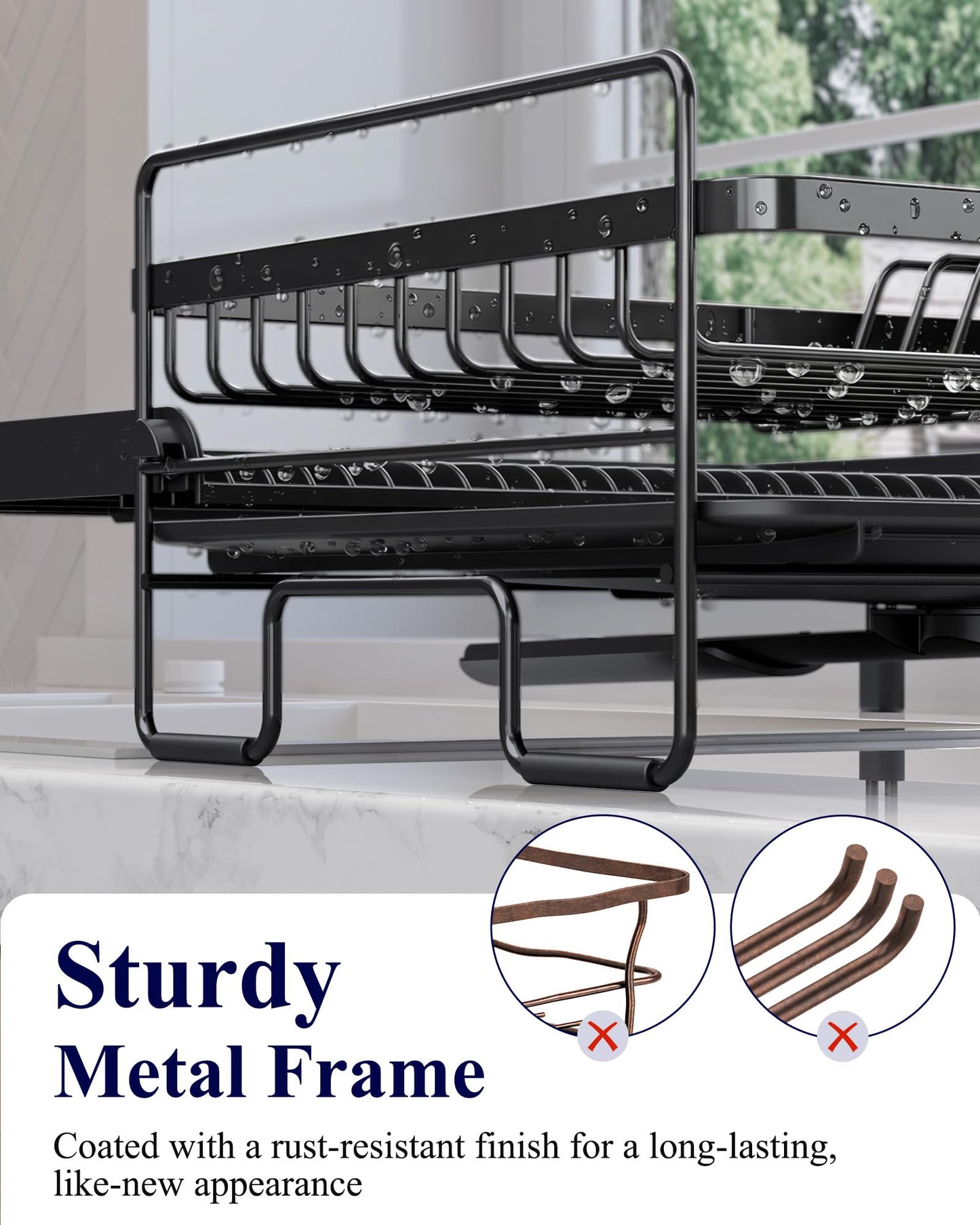 Kitsure Extendable Dish Drying Rack - Adjustable Length 12.8"–21.0", Auto-Draining Dish Rack for Kitchen Counter, Rust-Resistant Metal Frame Over-Sink Support for Plates, Bowls & Utensils, Black
