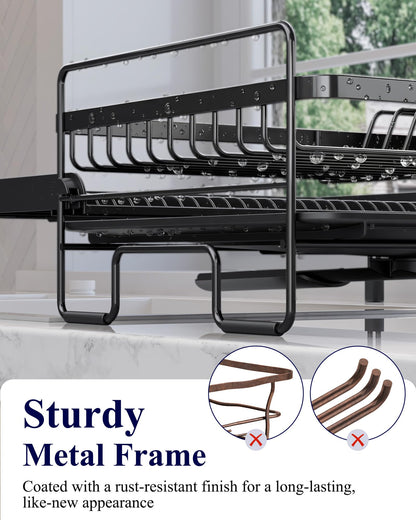 Kitsure Extendable Dish Drying Rack - Adjustable Length 12.8"–21.0", Auto-Draining Dish Rack for Kitchen Counter, Rust-Resistant Metal Frame Over-Sink Support for Plates, Bowls & Utensils, Black