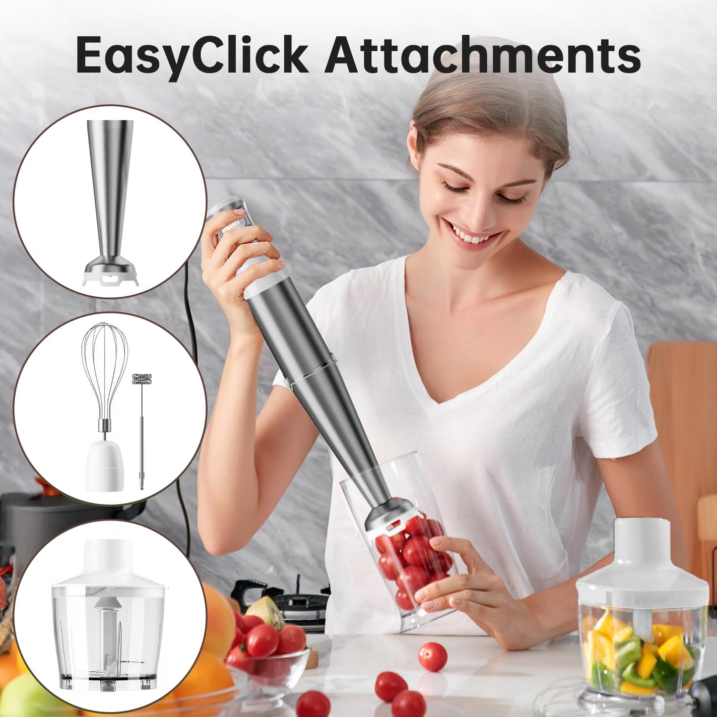 Immersion Blender Handheld Corded Hand Blenders Set 1100W, Trigger Variable Speed 5 in 1 Stick Emulsifier with Chopper, Whisk and Frother for Soup, Baby Food and Smoothies, White