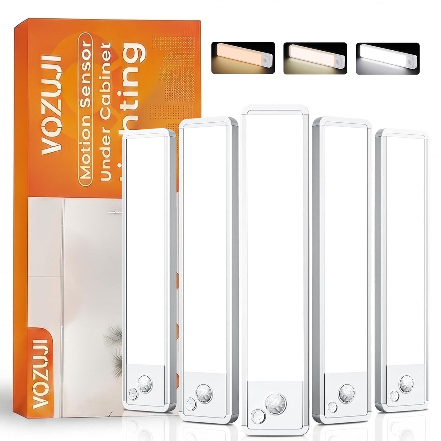 VOZUJI Under Cabinet Lighting: 8 Inch 3-Color Dimmable Rechargeable Motion Sensor Lights Indoor - Battery Operated Lights - Closet Light Magnetic Led Light for Kitchen Home Bathroom Counter 5 Pack