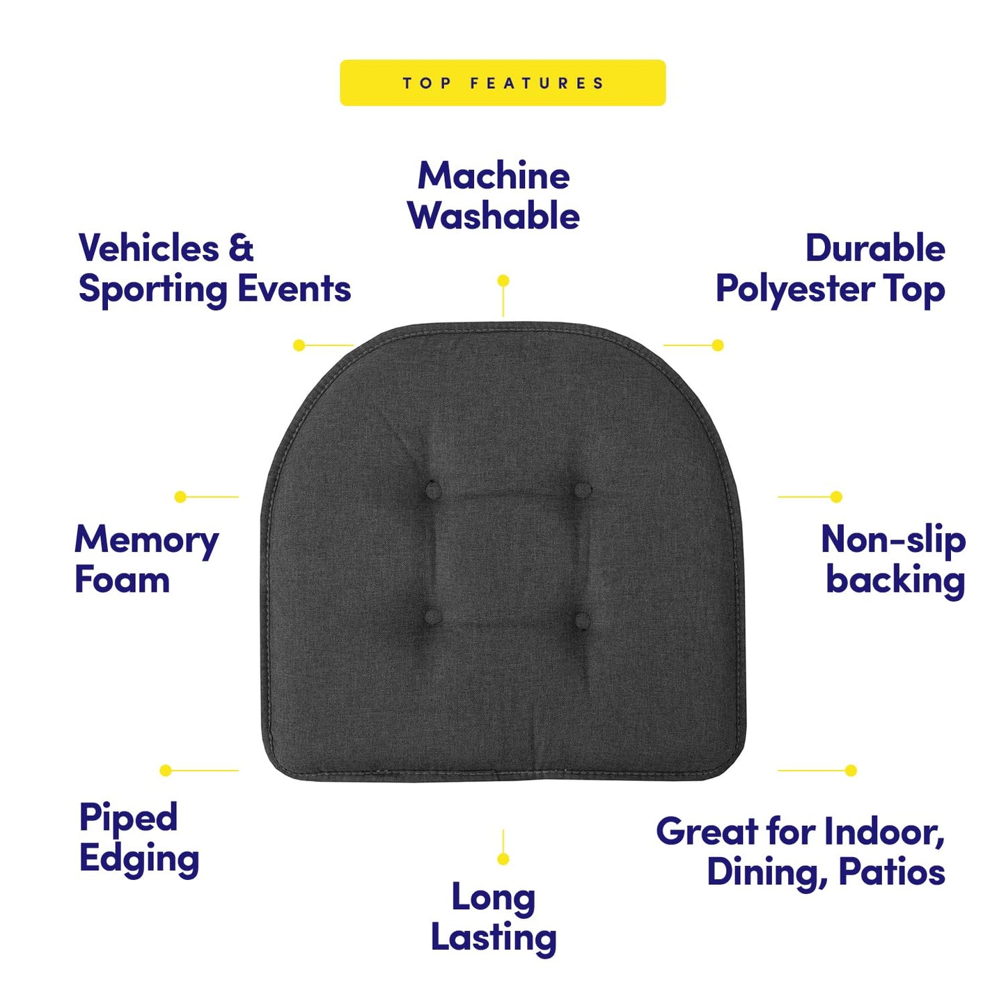 Sweet Home Collection Chair Cushion Memory Foam Pads Tufted Slip Non Skid Rubber Back U-Shaped 17" x 16" Seat Cover, 6 Pack, Charcoal Gray