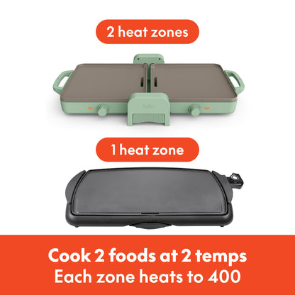 Bella 10"x 20" Ceramic Fold-n-Store Dual Temp Griddle, Fits-anywhere™ Kitchenware, EverGood Ceramic Nonstick Coating, 2 Temperature Zones up to 400°F, Dishwasher Safe Drip Tray, 1500 Watt, Seaglass