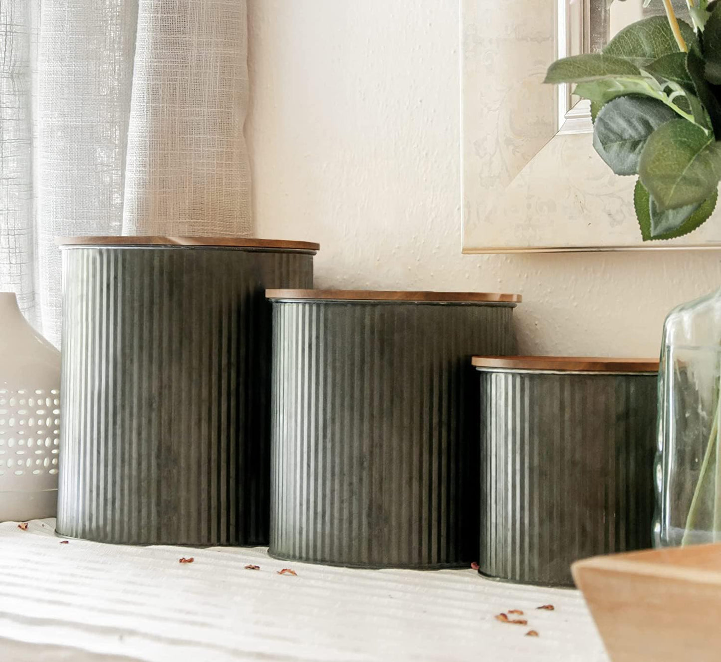 Farmhouse Kitchen Canisters for Countertop - Approx. 5, 4 & 2 Quart/Tin Canisters Sets for the Kitchen/Rustic Home Decor/Modern Farmhouse Decor (Acacia)