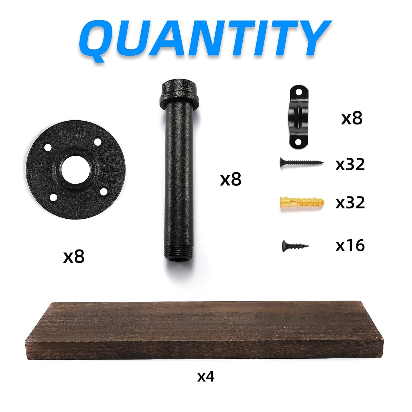 Home TZH Wall Mounted Floating Shelves, Floating Shelves with Industrial Pipe Brackets Set of 4 Rustic Wood Storage Shelf for Bedroom Living Room Bathroom Kitchen Office and More (4, Brown)