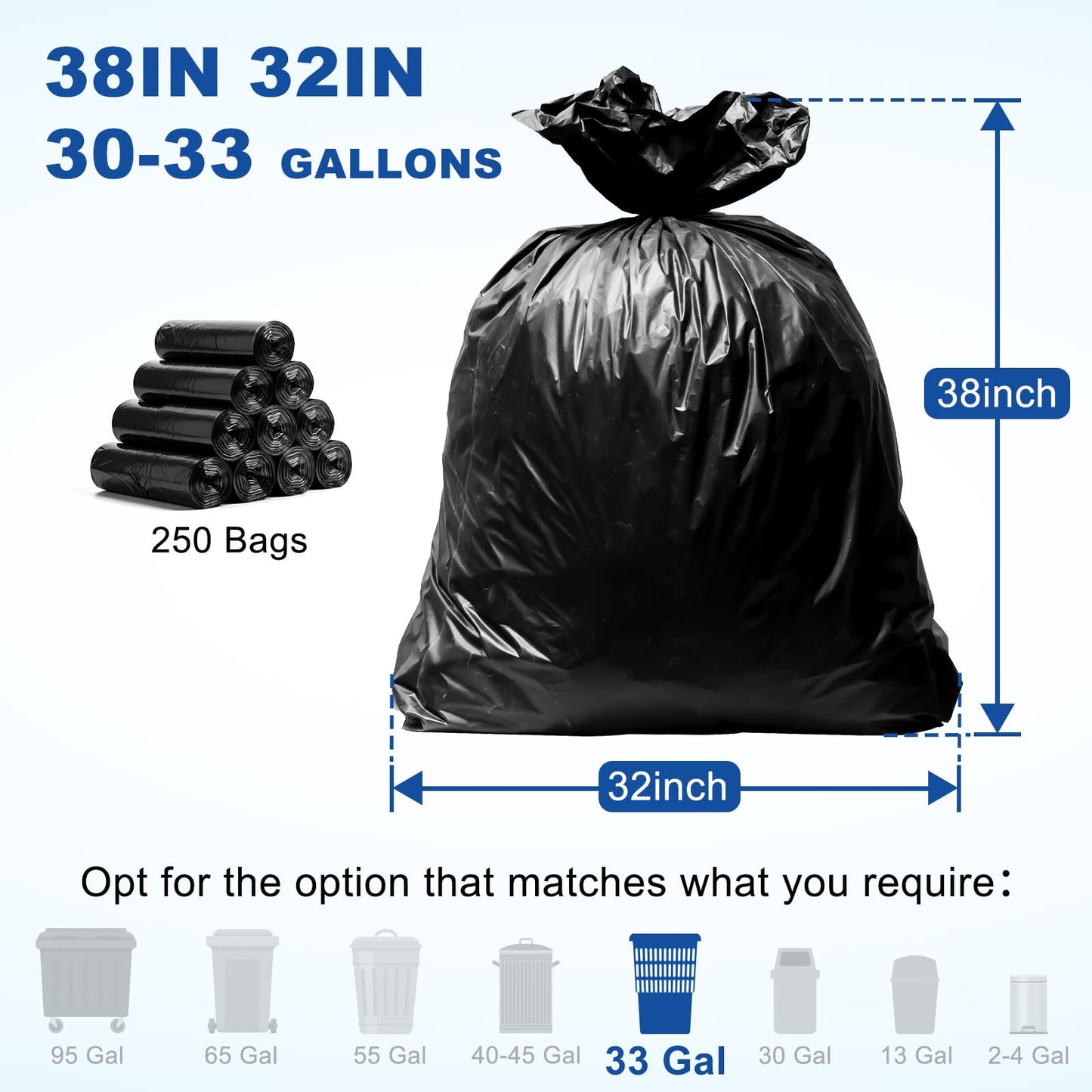 Minimal Store 30-33 Gallon Heavy Duty Trash Bags, 0.9MIL,250 Count, 32"x38" Black Garbage Bags, Bolsas de Basura, Durable & Puncture-Resistant, Made in USA for Home Kitchen Commercial Lawn and Leaf