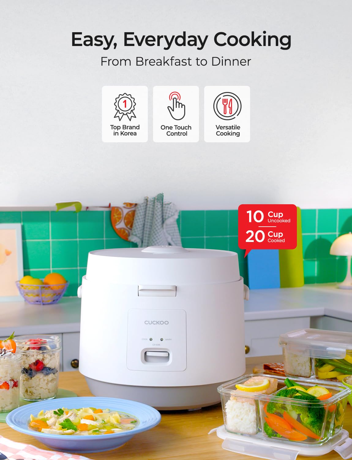 CUCKOO Basic Rice Cooker 10-Cup Uncooked / 20-Cup Cooked, Large Rice Maker and Warmer with Nonstick Inner Pot, Easy to Use with Auto Keep Warm, Includes Steam Tray, White (CR-1095)