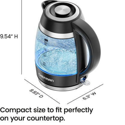 Chefman 1.8L Electric Glass Kettle, 1500W, Auto Shut Off, Boil-Dry Protection, BPA Free, Easy-Clean Lid