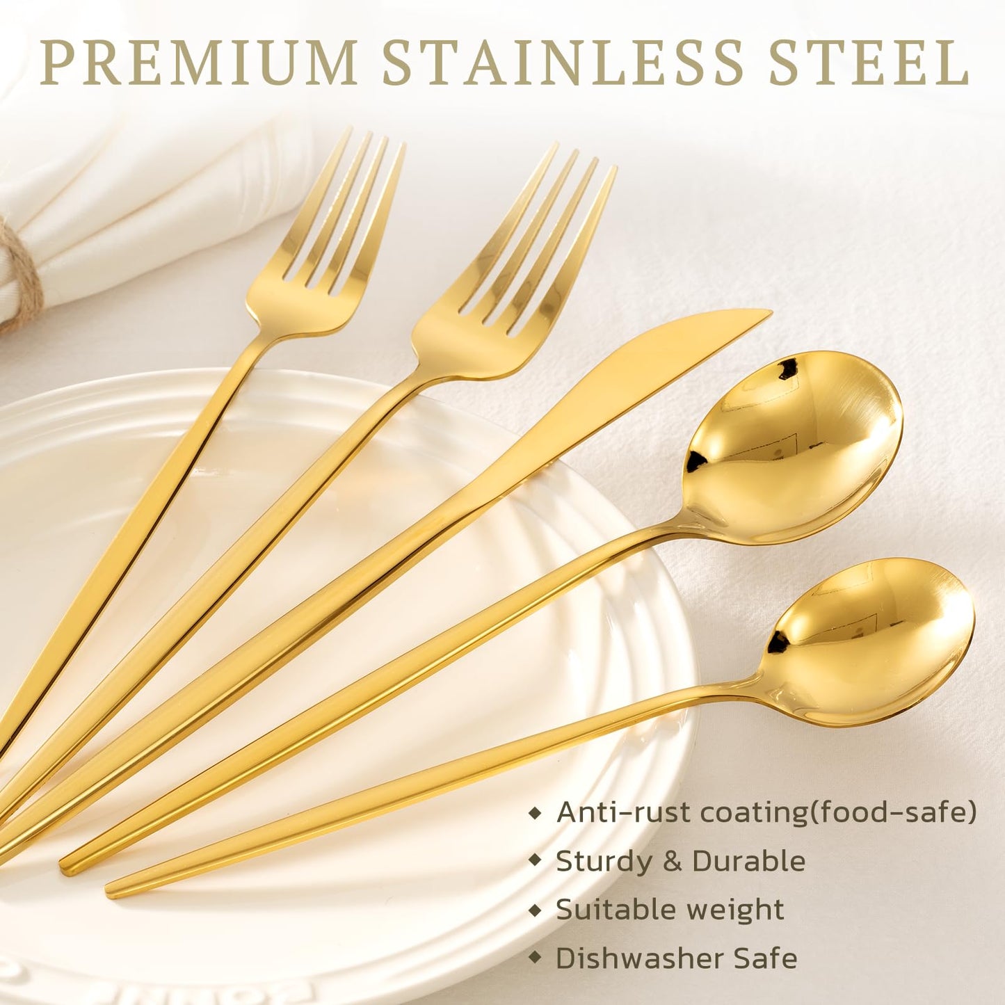 Astercook Silverware Set 48-Piece Gold Flatware Set with Steak Knives Food-Grade Stainless Steel Cutlery Set for 8 Mirror Polished Utensils Set for Home Kitchen Restaurant Mothers Day Gifts for Women
