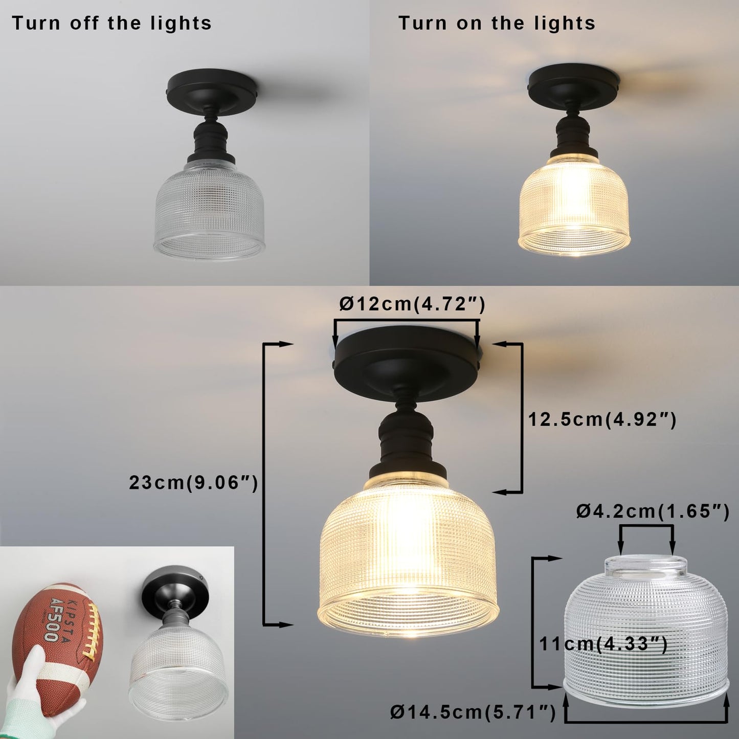 Yosoan Indoor Vintage Ceiling Light with Striped Shade, 1-Light Hardwired Modern Vanity Light Industrial Semi Flush Mount Ceiling Lamp Bowl Texture Glass for Kitchen Hallway(Black)