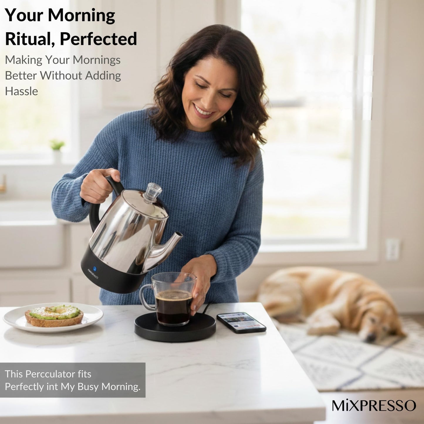 Mixpresso Small Electric Percolator Coffee Pot 4 Cup Stainless Steel - Coffee Percolator Electric with Keep Warm Function - Auto Shut-Off for Safe Daily Brewing