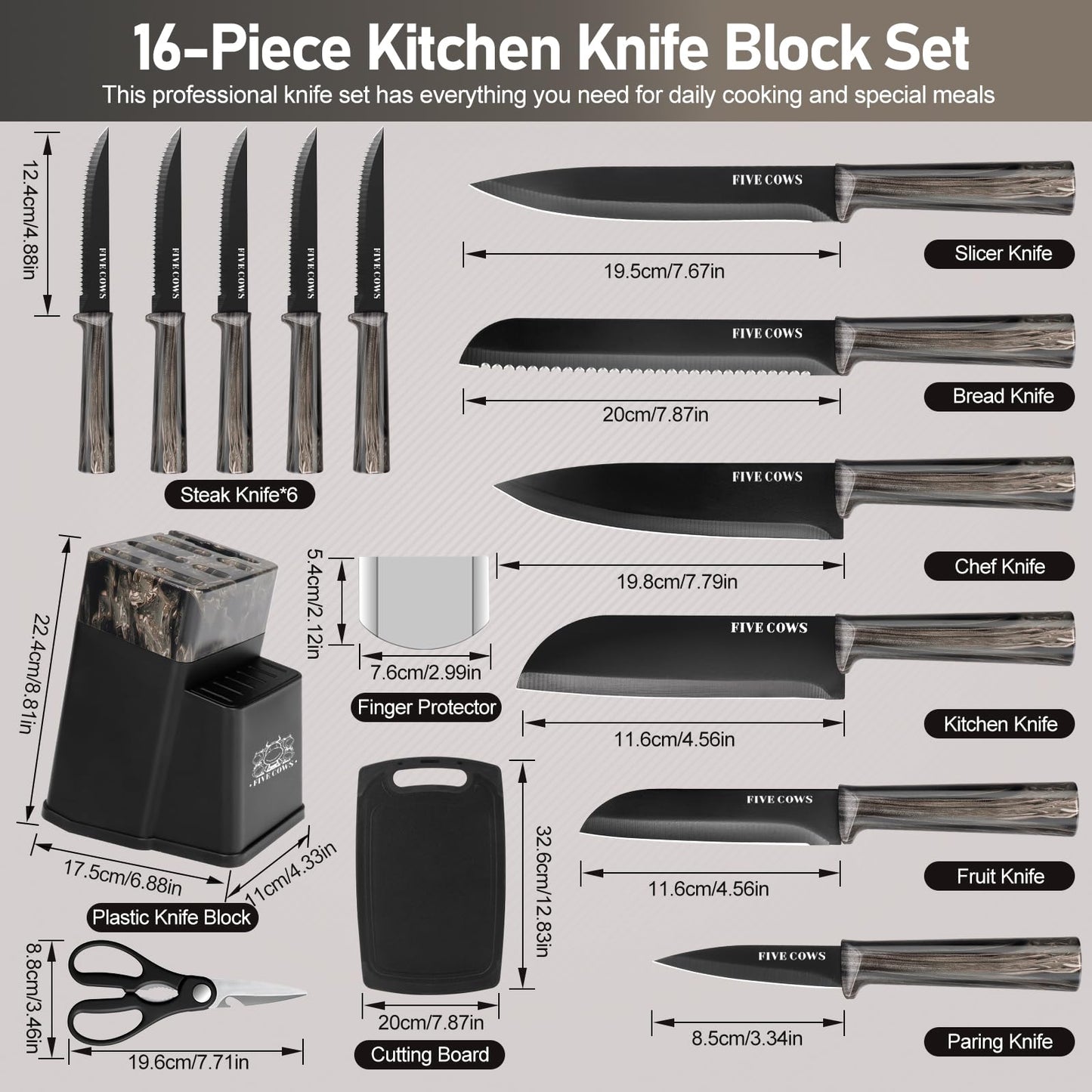 16-Piece Kitchen Knife Block Set with Cutting Board - German Stainless Steel Knives, Built-In Sharpener, Dishwasher Safe, Anti-Slip Handle - All-in-One Cutlery Set for Home/Kitchen (Black)