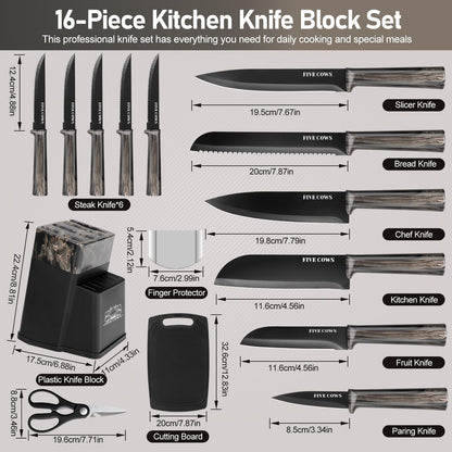 16-Piece Kitchen Knife Block Set with Cutting Board - German Stainless Steel Knives, Built-In Sharpener, Dishwasher Safe, Anti-Slip Handle - All-in-One Cutlery Set for Home/Kitchen (Black)