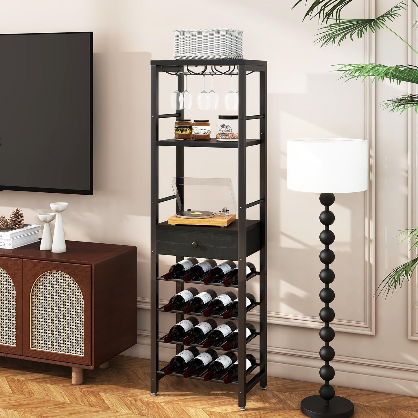IBUYKE Wine Rack Freestanding Floor, Bar Cabinet for Liquor and Glasses,Coffee Bar Cabinet 4-Tier Wood bar Cabinet,Glass Holder and Storage Drawer for Home Bar Kitchen Living Room,Black UTMJ905B