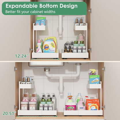 REALINN Under Sink Organizer Pull Out, L-Shaped 2 Tier Cabinet Organizer with Adjustable Width & 6-Level Height, Metal Under Sink Storage for Kitchen Sink, Bathroom Vanity, Laundry Cabinet, White