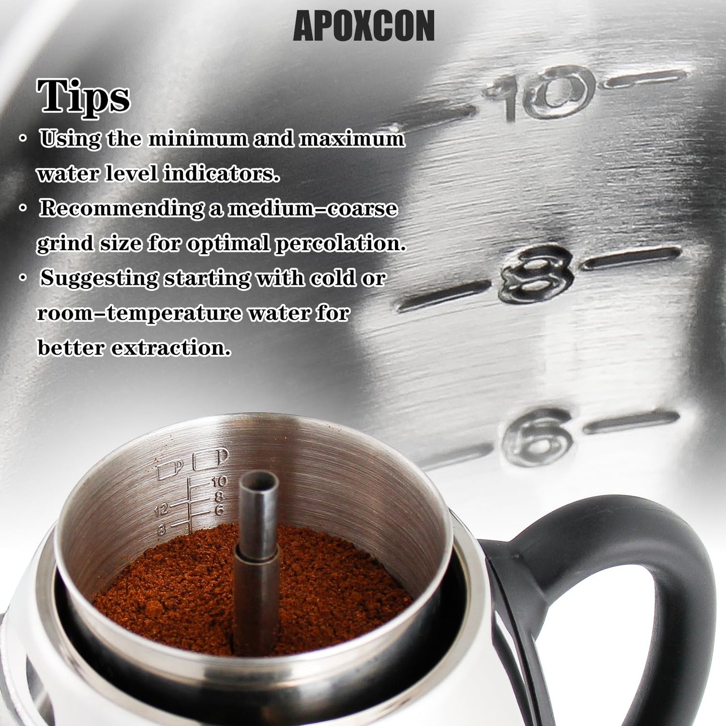 APOXCON Electric Coffee Percolator Stainless Steel Coffee Maker with Clear Brew Progress Knob and No-Drip Spout Auto Keep Warm & Cordless Serving Coffee pot with On/OFF Switch Fast Brew (10 Cup)