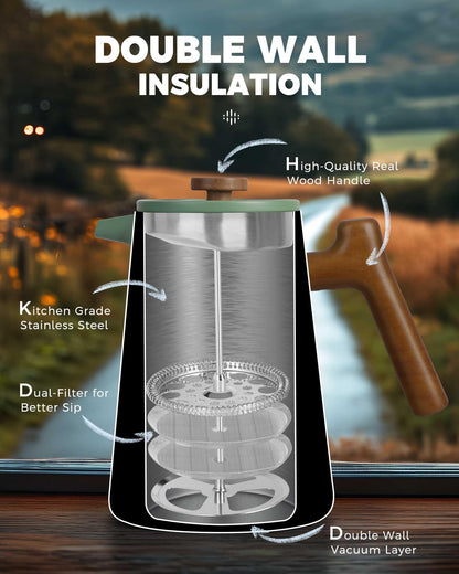 POLIVIAR French Press Coffee Maker, 34 oz Coffee Press with Real Wood Handle, Double Wall Insulation & Dual-Filter Screen, Food Grade Stainless Steel for Good Coffe and Tea, JX2025-XFPN