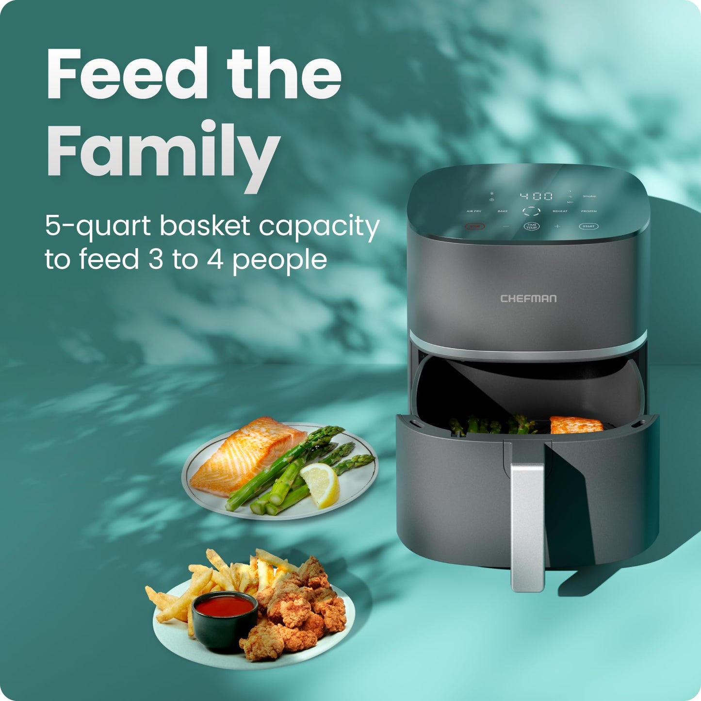 Chefman TurboX 4-in-1 Air Fryer, 5-Quart Airfryer for Extra Crispy Chicken, Fries, Wings, and More, Air Fry, Bake, Reheat, and Frozen Functions, Digital Touch Controls, Dishwasher Safe - Gray