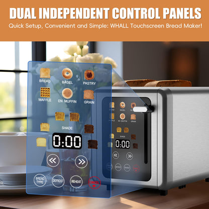 WUNLY 2 Slice Toaster,Touchscreen & Dual Independent Control Panel,5 Basic Functions & Digital Countdown Toasters,6 Shade Settings＆6 Bread Types,Smart Bread Maker Mute/Screen-Off,Platinum