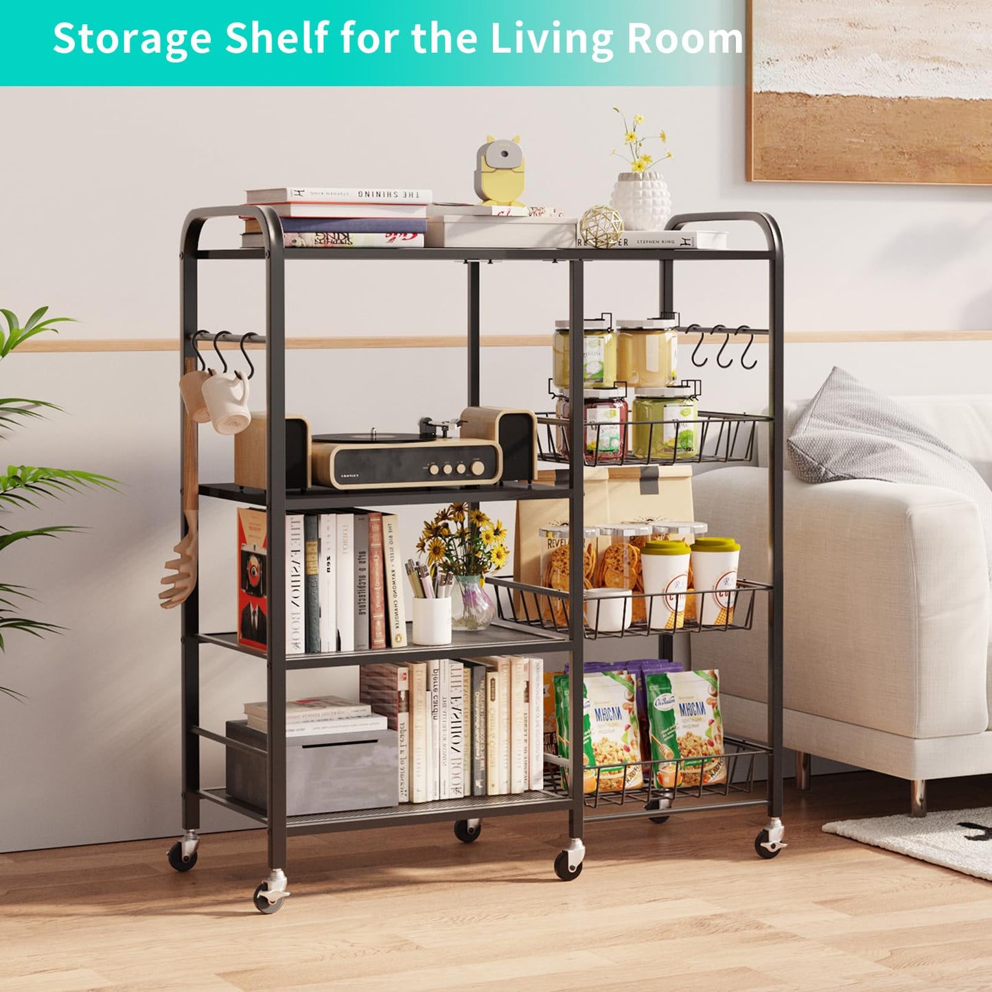 HapiRm Rolling Kitchen Microwave Cart - 4 Tier Microwave Table Stand with Pull-Out Baskets, Coffee Bar Baker's Rack with Wheels Rolling Storage Cart Organizer Shelf for Living Room Office, Balcony