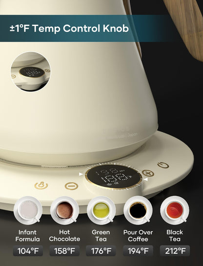 Electric Kettles, INTASTING Gooseneck Electric Kettle, ±1℉ Temperature Control, Stainless Steel Inner, Quick Heating, for Pour Over Coffee, Brew Tea, Boil Hot Water, 0.9L (Morandi White)