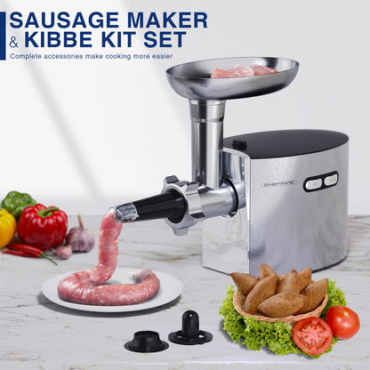 CHEFFANO Meat Grinder, 2600W Max Stainless Steel Meat Grinder Electric, ETL Approved Heavy Duty Meat Mincer Machine with 2 Blades, 3 Plates, 1 Sausage Stuffer Tube & Kubbe Kit for Home Kitchen Use