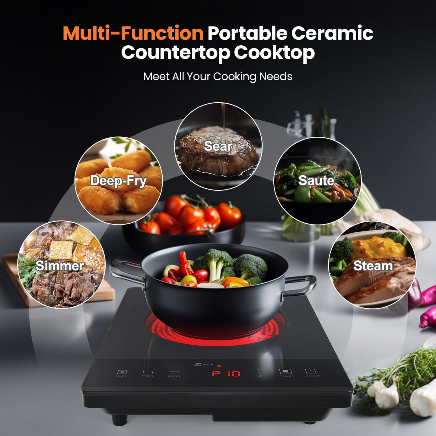 Electric Hot Plate,Nuopuplai Single Countertop Burner Portable Ceramic Cooktop For Cooking Ultra-thin Electric Stove Infrared Cooker,24-Hour Timer Child Safety Lock,Compatible With All Cookware 1800W