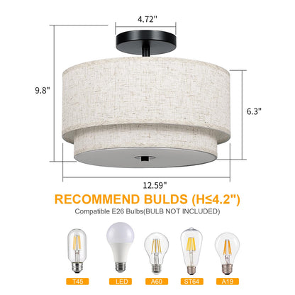 FRIDEKO HOME 3 Light Semi Flush Mount Ceiling Light Modern Close to Ceiling Light Fixture with 2-Layer Fabric Shade Light Fixtures Ceiling Mount for Bedroom Living Room Kitchen Foyer Hallway