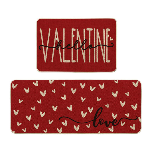 Artoid Mode Red Love Heart Hello Valentine's Kitchen Mats Set of 2, Home Decor Low-Profile Kitchen Rugs for Floor - 24x35 and 24x59 Inch