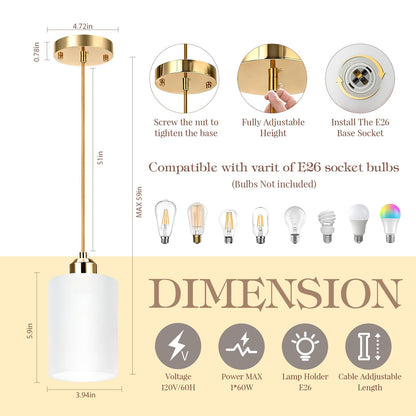 KRETAELY 3 Pack Pendant Lights Kitchen Island, Gold Pendant Light Over Island, Modern Glass Island Lights for Kitchen,Adjustable Length, Perfect for Dining Room and Home Decor