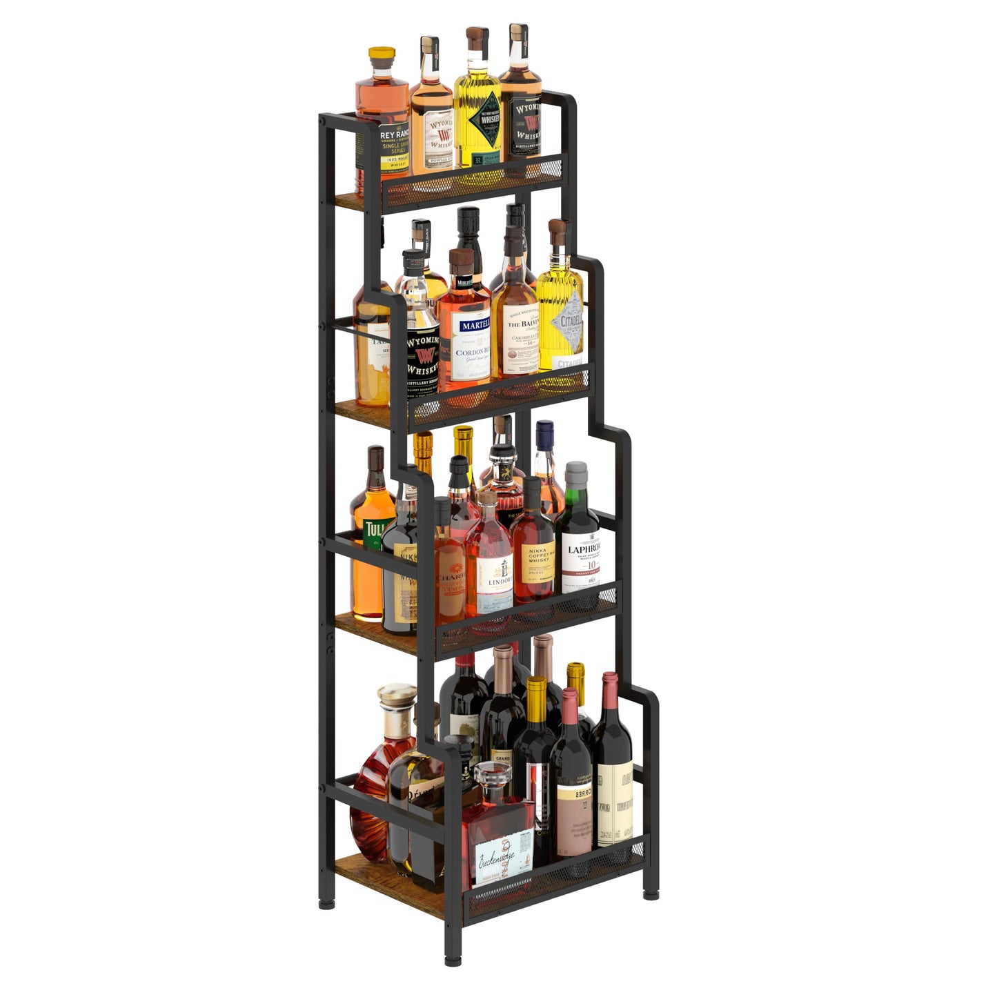 Hayexiha 4-Tier Stepped Freestanding Wine Rack, Large Capacity Liquor Cabinet with Anti-Fall Guardrails and Rounded Corners, Bottle Display Shelf & Mini Bar for Living Room, Home Bar, Kitchen Corner