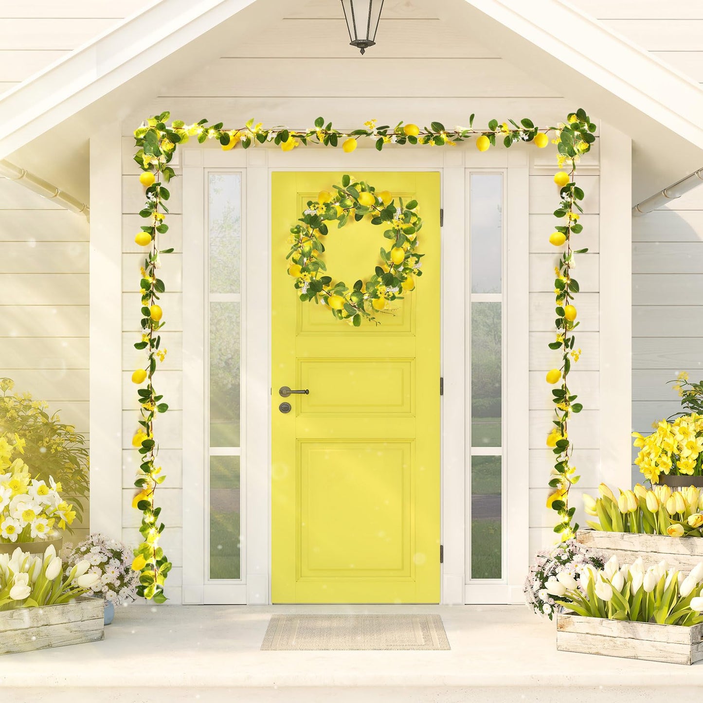 FineCheer 6 Pcs 5.74 ft Artificial Lemon Garland Lemon Vine Garland with Greenery Fake Fruit Party Decoration with Battery Powered Light for Home Door Wall Mantel Wedding Kitchen Table (Stylish Style)