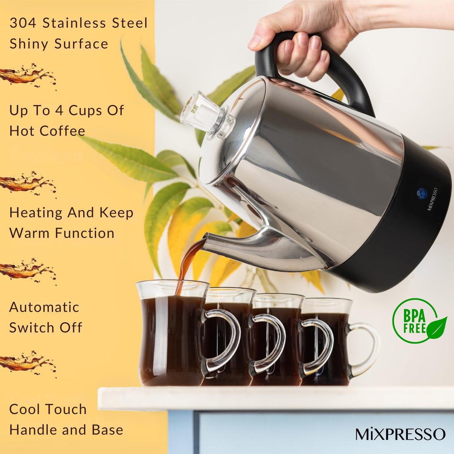 Mixpresso Small Electric Percolator Coffee Pot 4 Cup Stainless Steel - Coffee Percolator Electric with Keep Warm Function - Auto Shut-Off for Safe Daily Brewing