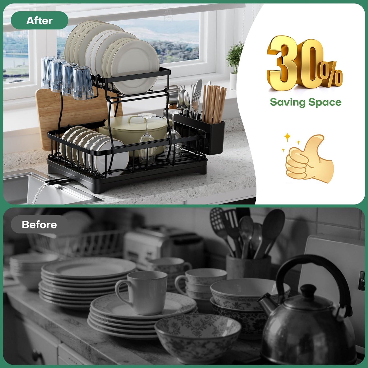 2 Tier Dish Rack, Carbon Steel Dish Drying Rack for Kitchen Organization & Storage, Countertop / Sink Dish Rack with Automatic Drain Tray, Large Capacity Black Dish Rack - Essential Home Kitchen Item