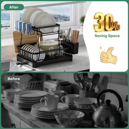 2 Tier Dish Rack, Carbon Steel Dish Drying Rack for Kitchen Organization & Storage, Countertop / Sink Dish Rack with Automatic Drain Tray, Large Capacity Black Dish Rack - Essential Home Kitchen Item