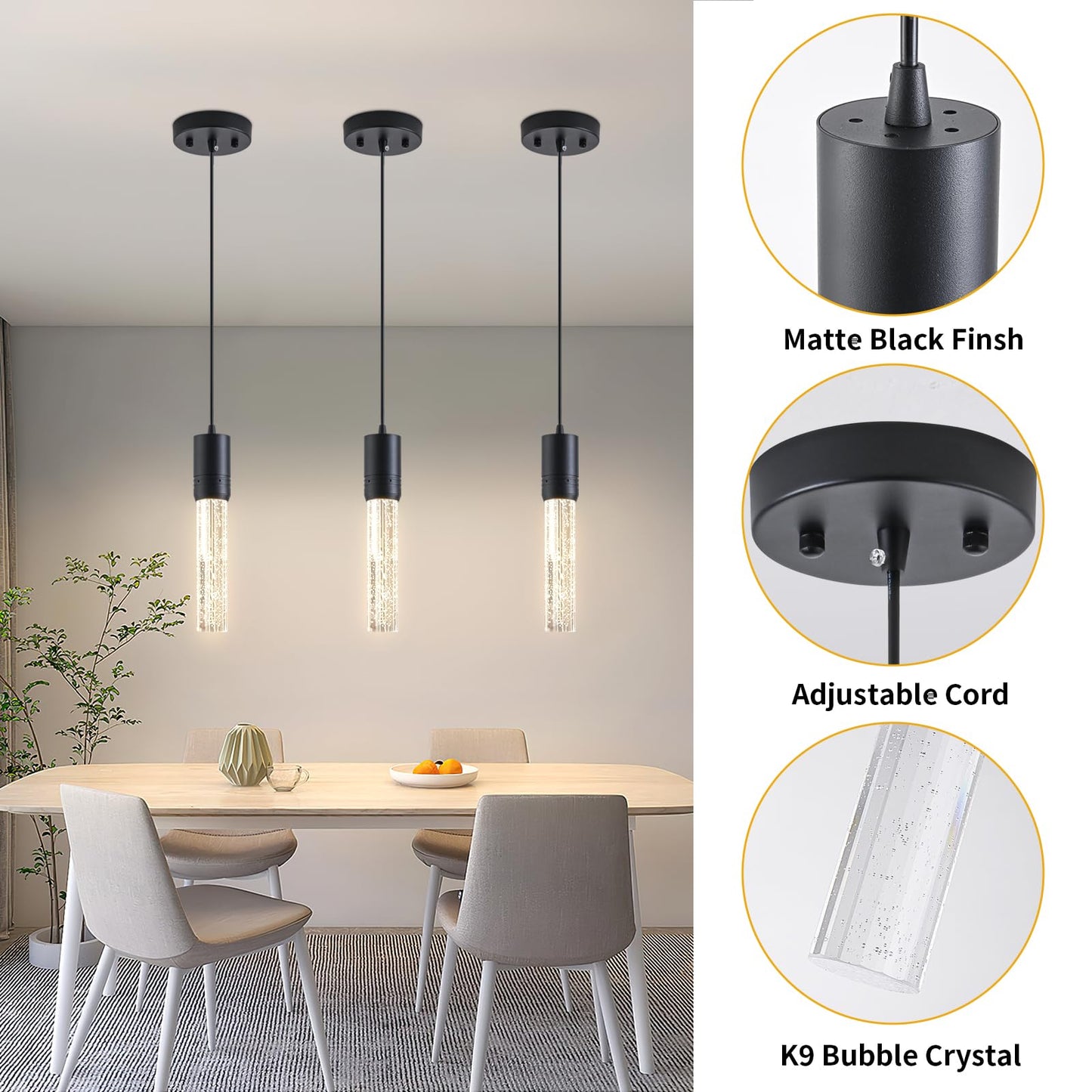 JULiN HOME Black Pendant Lights Kitchen Island, Crystal Bubble Pendant Lights, Adjustable Modern Pendant Light Fixtures for Dining Living Room Bedroom 3 Pack