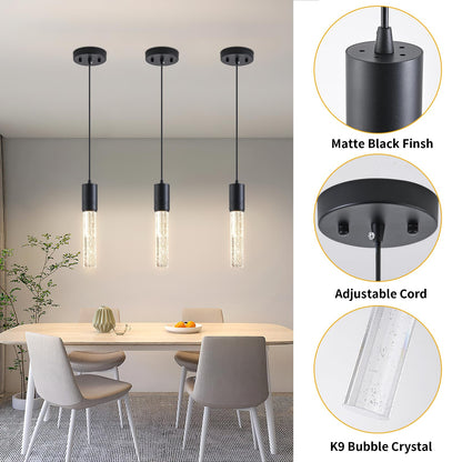 JULiN HOME Black Pendant Lights Kitchen Island, Crystal Bubble Pendant Lights, Adjustable Modern Pendant Light Fixtures for Dining Living Room Bedroom 3 Pack