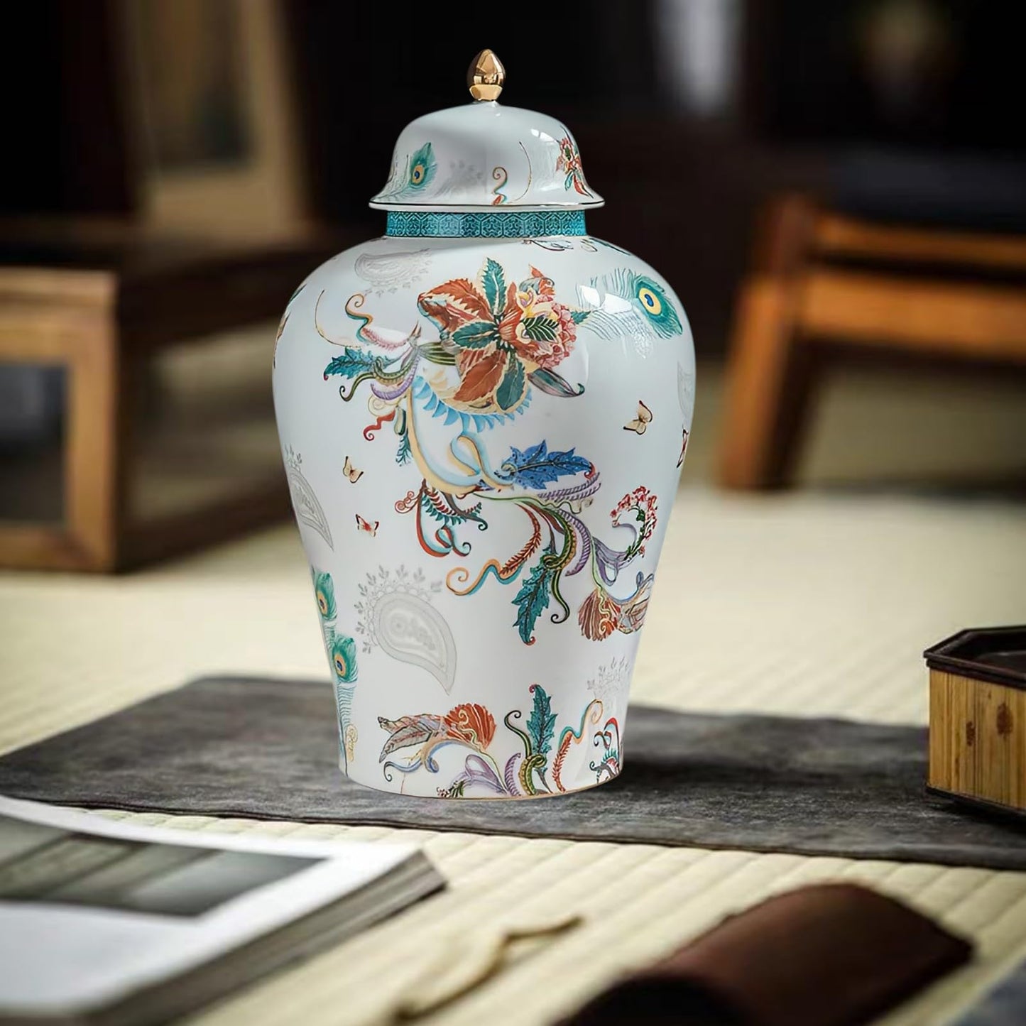 MYMYYT 12 inches flowers Ginger Jar - floral pattern Ceramic Decorative with Lid vase， chinoiserie gift Enamel jars for Home/Kitchen/Dining/living room/shelf decor/Tea Storage